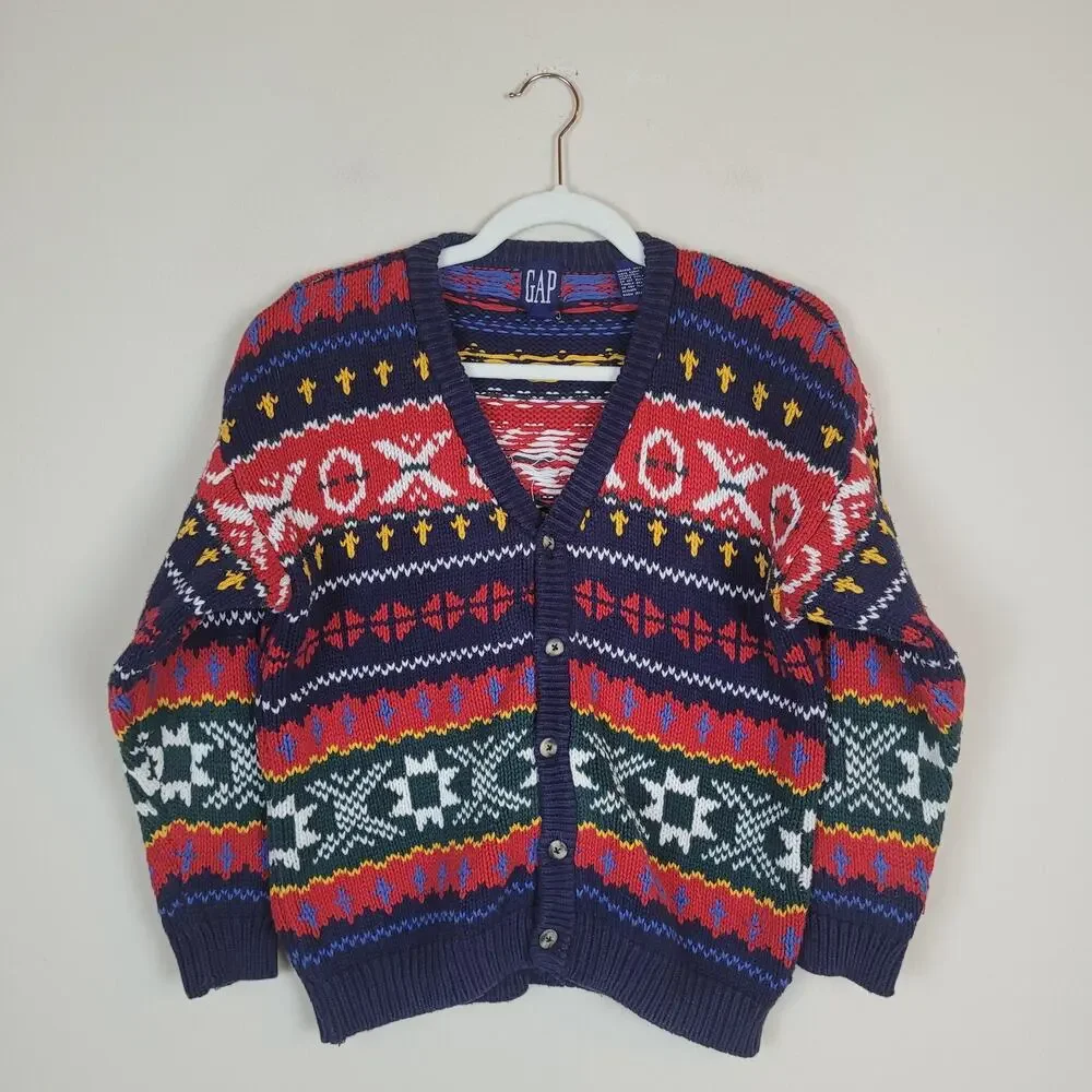 Vintage GAP Cardigan Sweater Kids XL Fair Isle Geometric Holiday Colorful Chunky